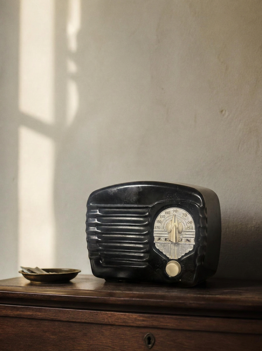 Small black bakelite table radio with chrome dial face