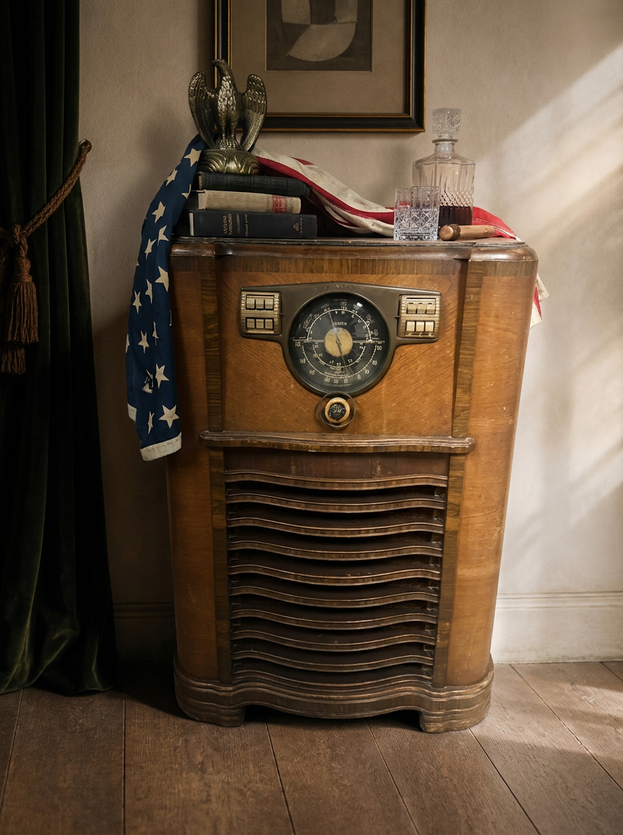 Wood console radio cabinet with brass dial, styled with old books, a crystal decanter, and a folded flag