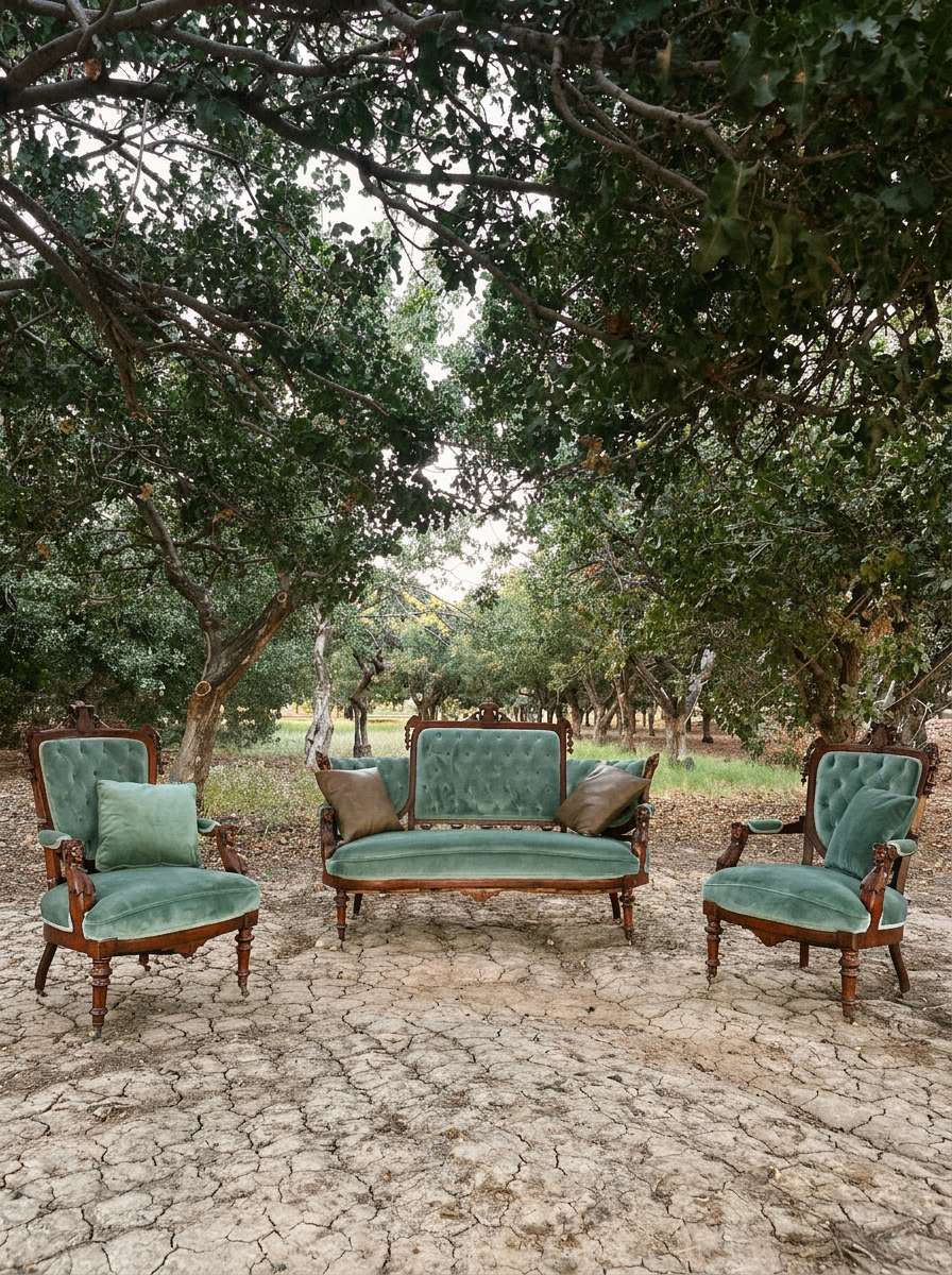 Three-piece carved wood parlor set upholstered in tufted sage velvet