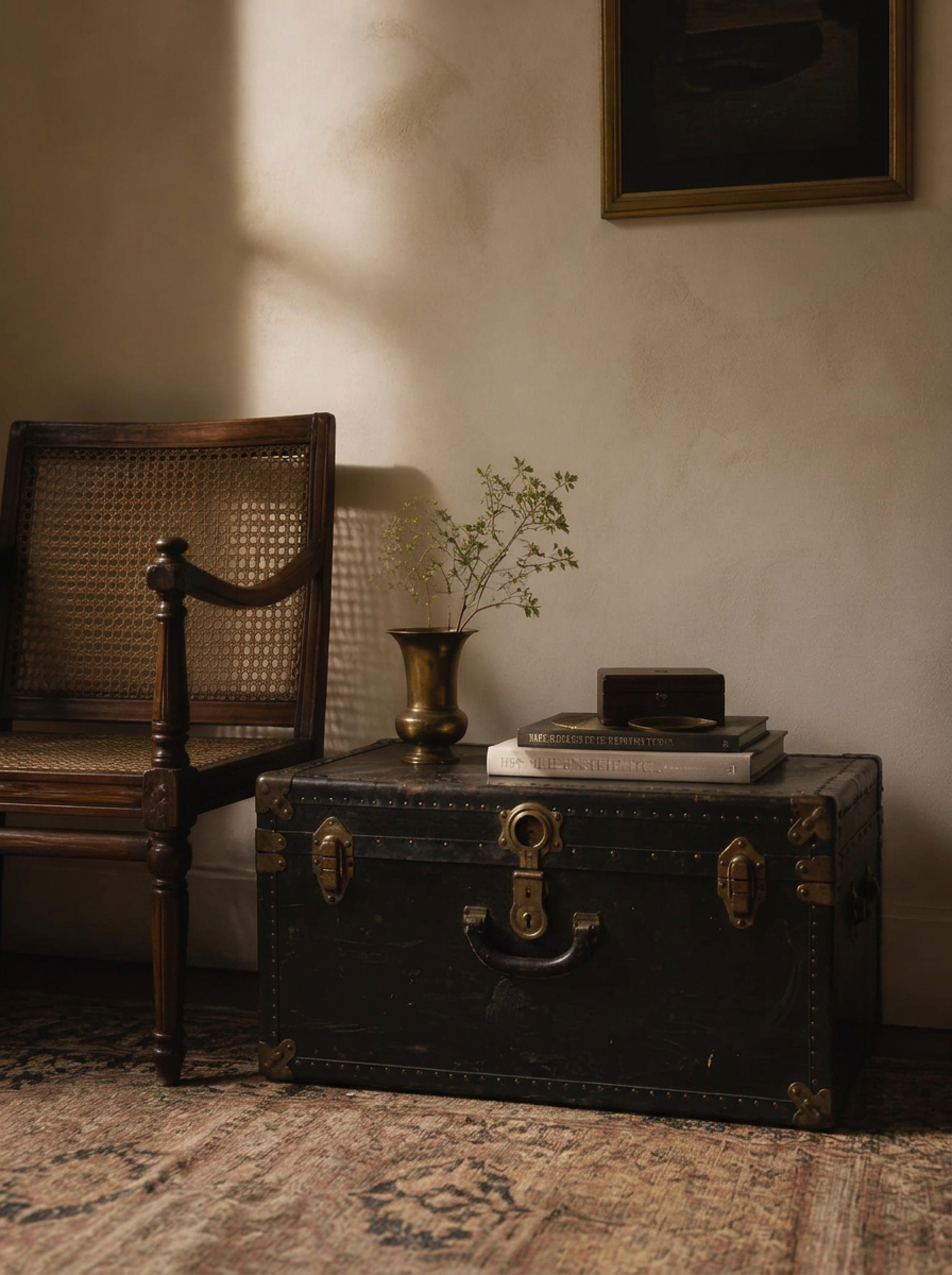 Steamer trunk and cane-back chair on a Persian rug beneath framed artwork